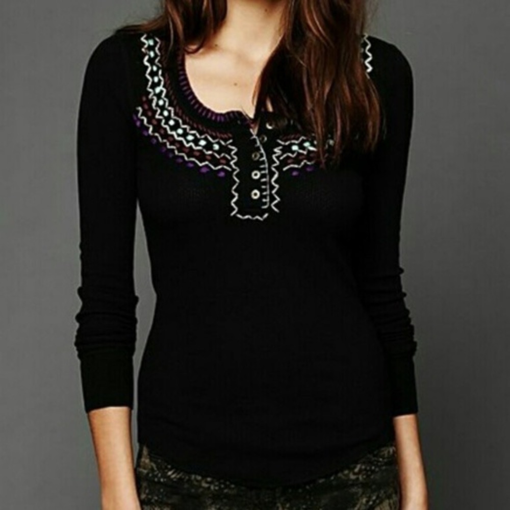 We The Free black thermal top with embroidery Size M